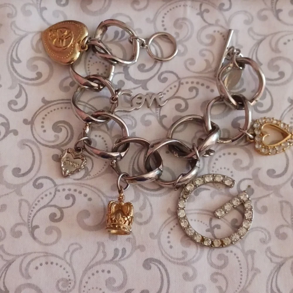 Guess Crystal Gold Crown and Heart Charm Bracelet